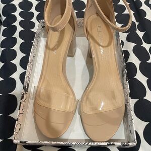 CL by Chinese Laundry Nude Block Heel Sandals, w/ ankle strap & clear toe strap